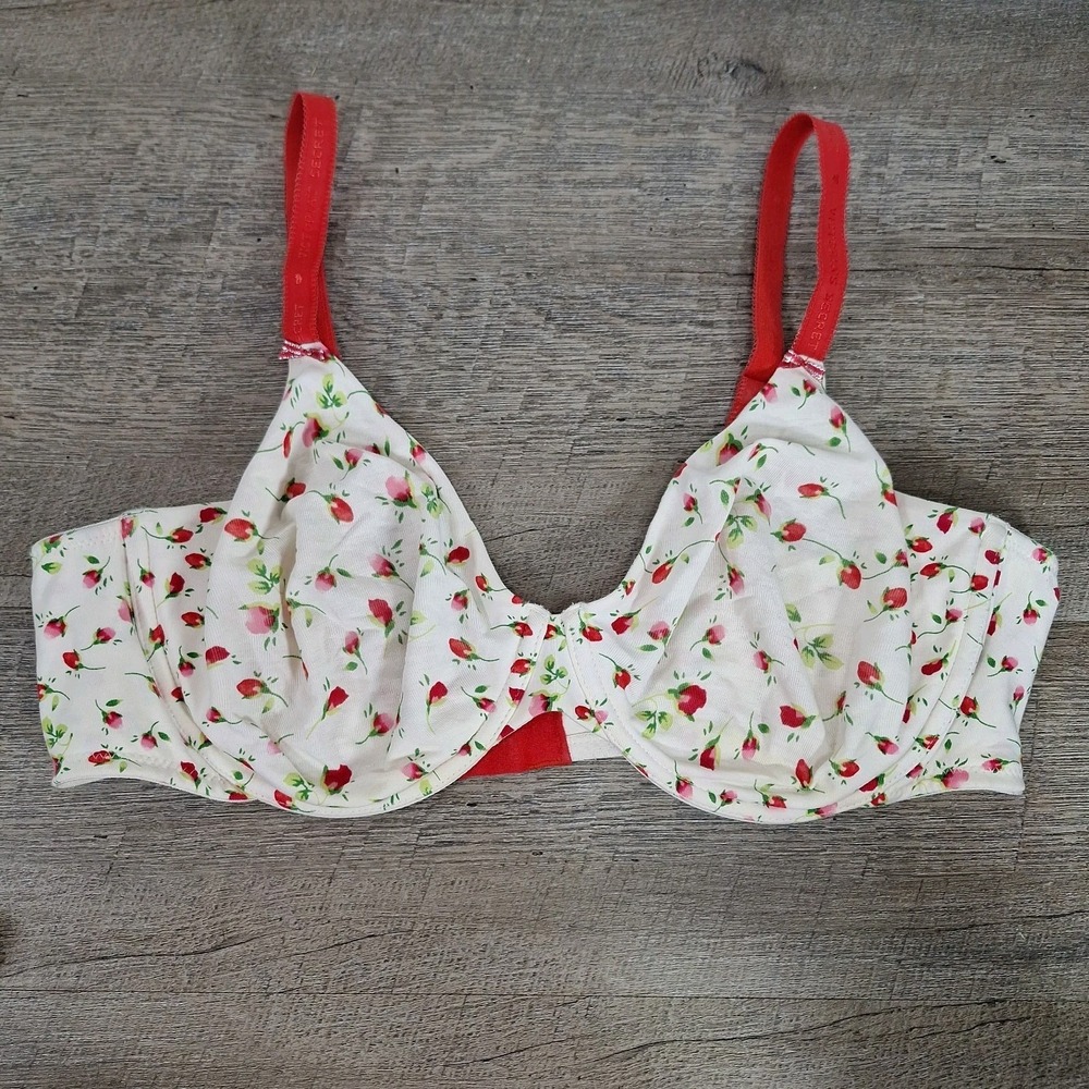 Victoria's Secret Cotton Unlined Bra 40D White Strawberry Girly Cottage
